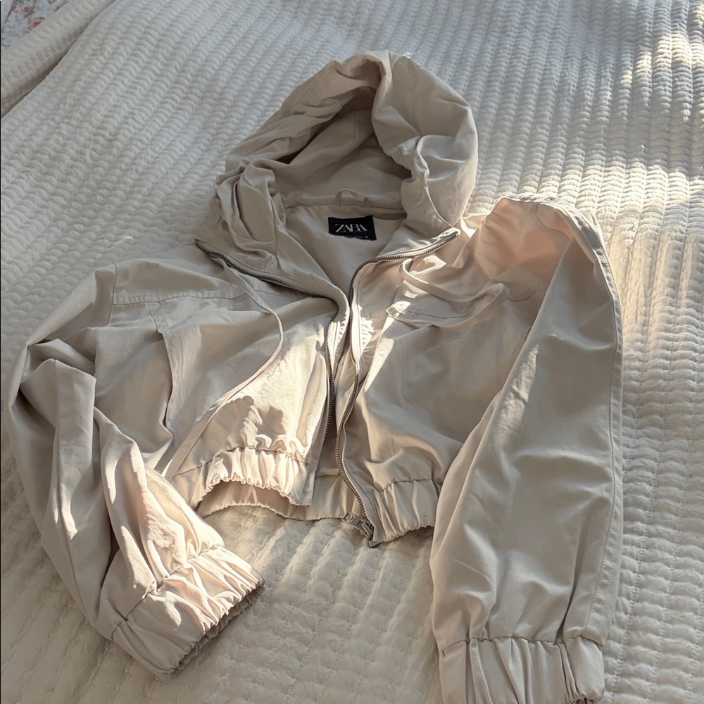 Zara Light Beige Cropped Hooded Bomber Jacket